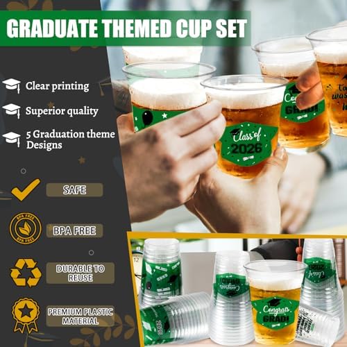 GuassLee 2026 Graduation Party Decoration Cups - 100pcs 12 Oz Black Green Disposable Graduation Plastic Cups for Drinks Class of 2026 Congrats Grad Party Tableware Supplies Decor
