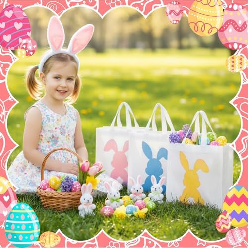 Wesnoy 48 Pcs Easter Gift Bag with Handle Bulk Non Woven Bunny Bags Reusable Easter Spring Bunny Tote Bag Rabbit Candy Basket Container for Gift Wrapping Egg Hunt Party Favor, 11.4 x 10.6 x 4.7 Inch