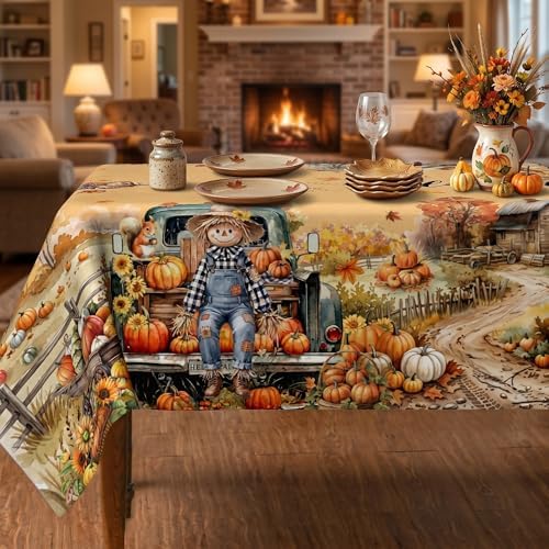 Fall Tablecloth 60×84 Inch, Fall Harvest Decorations for Home Table Cloth Rectangle, Truck Scarecrow Pumpkin Decor Washable Seasonal Autumn Thanksgiving Tablecloths Polyester for Picnic Party Dinner