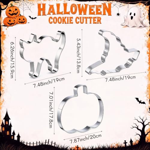 Teenyyou 3 Pcs 7.5 Inch Large Halloween Cookie Cutters Set Extra Large Pumpkin Witch's Hat Cat Shapes Stainless Steel Metal Giant Cookie Cutters Molds for Halloween Day Baking Party Kitchen Accessory