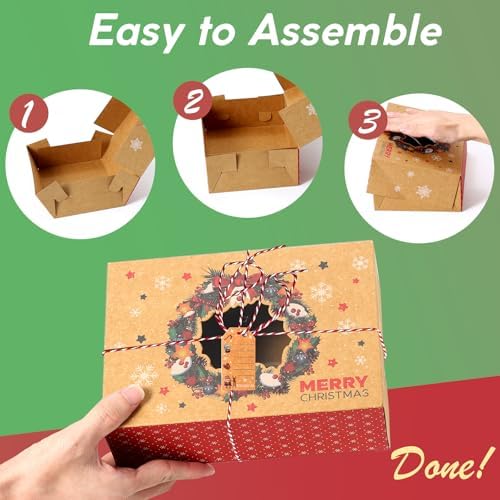 12Pcs Christmas Cookie Boxes with Window for Gift Giving, Kraft Bakery Gift Wrapping Boxes with Cards and Jute Rope, Holiday Treat Boxes for Cookies, Brownies, Donuts, Xmas Cookie Containers With Lids
