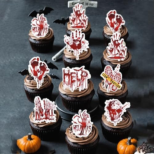 64 PCS Edible Halloween Cupcake Toppers Wafer Paper Horror Blood Skull Zombie Hand Bat Cupcake Picks Edible Have a Killer Birthday Cake Decorations for Halloween Theme Killer Birthday Party Supplies