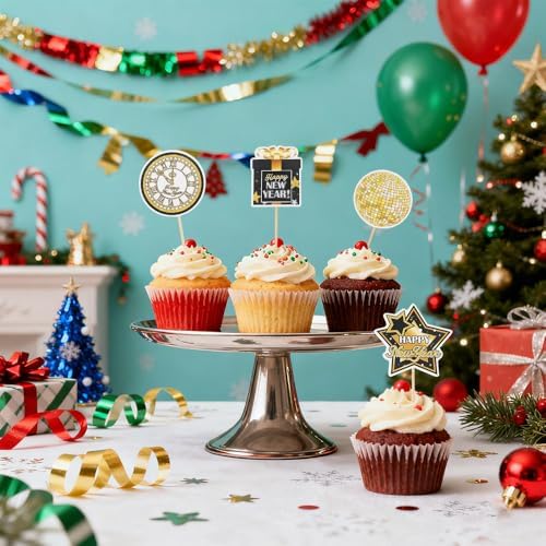 Happy New Year 2027 Cupcake Toppers, 24 PCS Happy New Year Decorations, Black and Gold Cupcake Toppers Cake Decorations Food Picks for New Year's Eve 2027 Party Decoration Supplies, 8 Designs