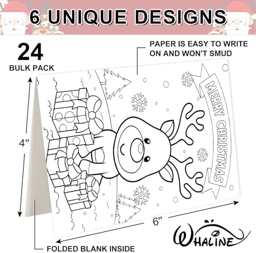 Whaline 24 Packs Winter Christmas Color Your Own Cards Greeting Card DIY Coloring Cartoon Animal Note Cards with Envelopes and Stickers for Xmas Holiday Baby Shower Student Crafts