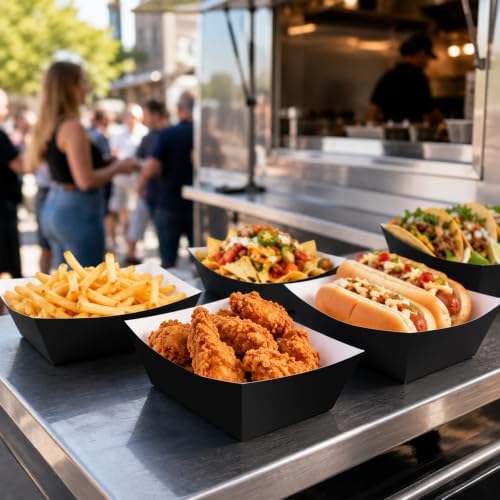 100 Pcs Black Paper Food Trays, Pre-Folded Disposable Food Boats for Popcorn, Candy, Fries, Nachos, Snacks, Black Party Serving Trays for Birthday, Movie Night, Halloween, BBQ Supplies