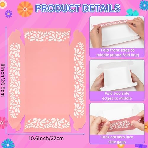 Mexican Taco Nights Food Trays - 50P Cielito Lindo Pink Flower Unassembled Taco Nights Food Trays Nacho Snack Candy Holder Disposable Paper Plates Carnival Party Supplies Food Containers