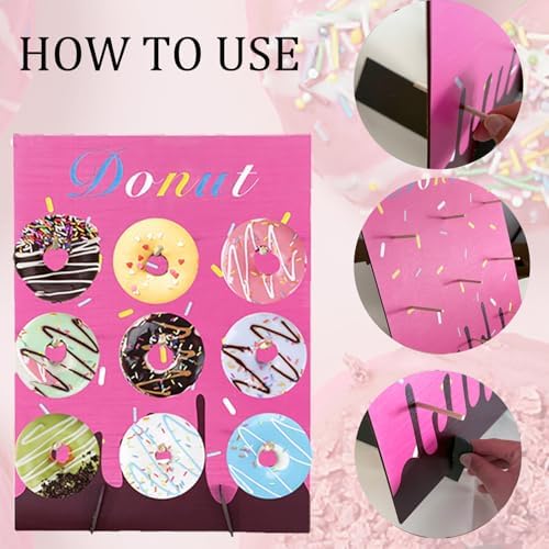 Pink Wood Donut Wall Display Stand Reusable Doughnut Board Holder Donut Party Supplies for Parties, Weddings, Birthdays, Dessert Table Decoration