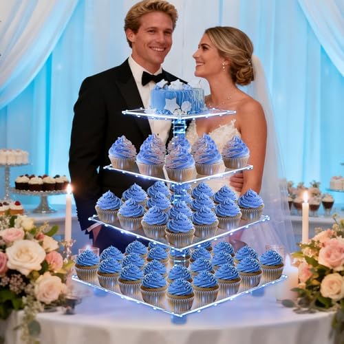 YestBuy 4 Tier Cupcake Stand with Blue Lights, Cupcake Tower Stand 50 Cupcakes