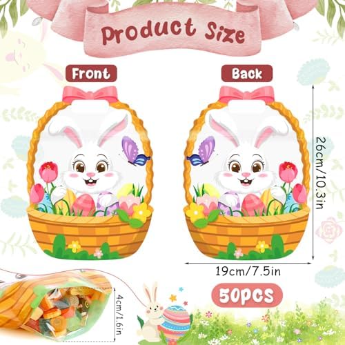 FOIMAS 50pcs Easter Gift Bags Plastic Easter Goodie Bags with Handles Ziplock Bunny Basket Resealable Candy Bag for Holiday Party Candy Gifts Supplies Decoration Favor
