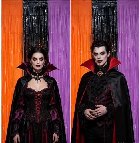 2 Pack Halloween Backdrop Orange Black Purple Foil Fringe Curtains.