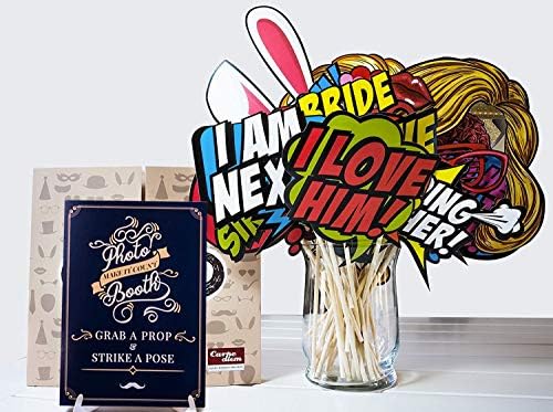 Wedding Photo Booth Props Kit - 38 Pieces with Wooden Sticks - Engagement, Birthday Party, Wedding Shower, Bridal Shower Photo Booth Props - Carpediem Party Prop Essential Vol.1