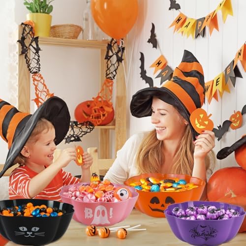 4 Pcs Large halloween candy bowl Trick or Treat Candy Bowl 11.6x4.3 Inch Reusable Plastic Pumpkin Bowl for Halloween Party Decor Supplies (Pink)