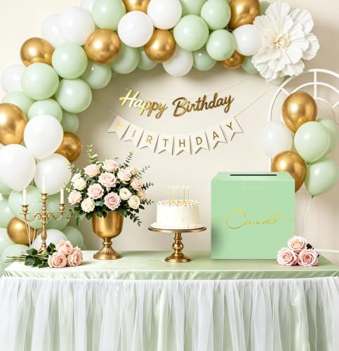 HEIPINIUYE Sage Green Wedding Card Box with Gold Foil 9.8" x 9.8" Green Large Gift Card Box for Party Wedding Reception Graduation Birthday Baby Shower Cardboard Raffle Envelope Box with Slot