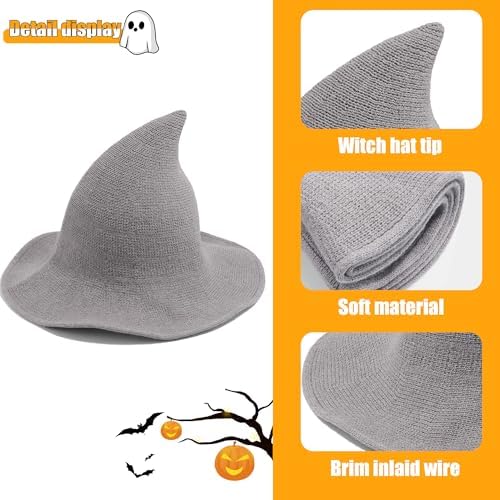 Leuceiy Witch Hat for Women, Wide Brim Foldable Wool Kintted Wizard Hats