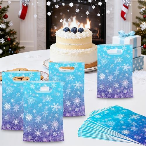50 Pcs Winter Snowflake Gift Bags, Plastic Frozen Goodie Bags with Handles, Blue and Purple Candy Goodie Party Favor Bag for Winter Wonderland Christmas Birthday Decorations Frozen Party Supplies