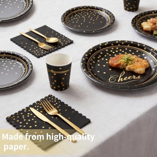 168Pcs Black and Gold Paper Plates and Napkins Party Supplies for 24 Guest