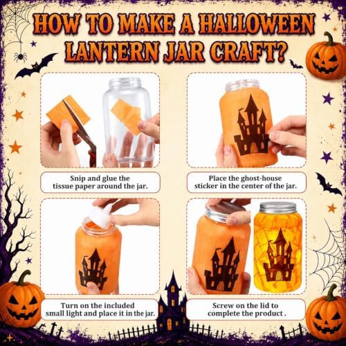 Qinyoung 12 Pcs Halloween Crafts Haunted House Mason Jars with LED Light