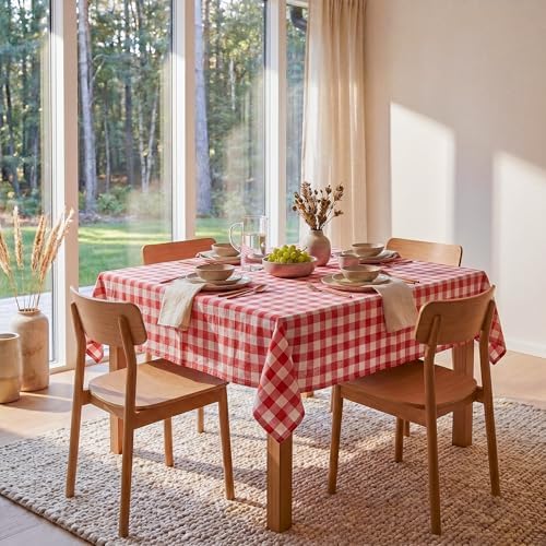 Red White Buffalo Plaid Waterproof Tablecloth for Outdoor Use Picnic Table Cover for Holiday Dinner, Farmhouse Kitchen, Patio Dining, Reusable Checkered Table Cloth, W60 x L84 in