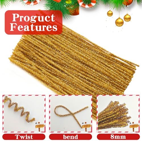 Gold Pipe Cleaners,Glitter Gold Craft Pipe Cleaners,200pcs Supplies for Home DIY Handmade Arts,Arts and Crafts for Kids Ages 6-8,Glitter Pipe Cleaners for Festivals DIY Decorations,Christmas Decor