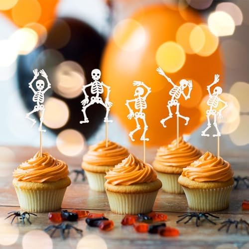 25Pcs Glitter White Skeleton Cupcake Toppers Dancing Skeleton Cupcake Picks for Halloween Party Decorations Halloween Boys Girls Goth Birthday Goth Bridal Shower Wedding Cake Cupcake Decorations
