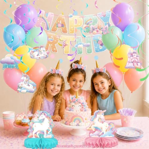 Unicorn Party Decorations Kit, Unicorn Birthday Decorations with Unicorn Birthday Banner, Circle Confetti Garland, Swirl Streamers, Balloons, Honeycomb Centerpiece, Rainbow Birthday Decorations