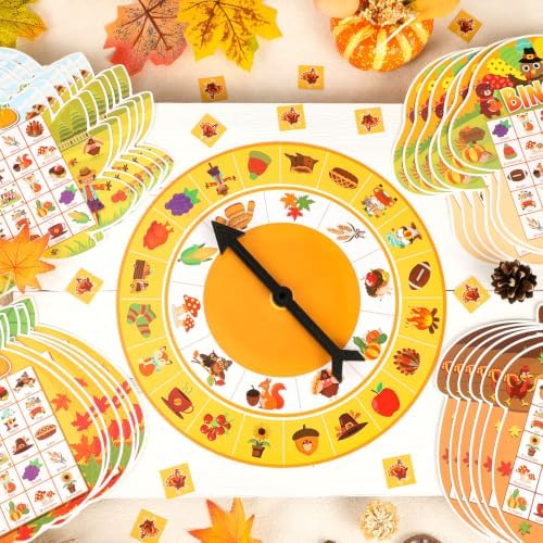 Thanksgiving Bingo Game Cards for Adults 24 Player Fall Harvest Bingo Cards with Turntable Stickers Thanksgiving Autumn Games Set for Party Activities Home Family Party Game