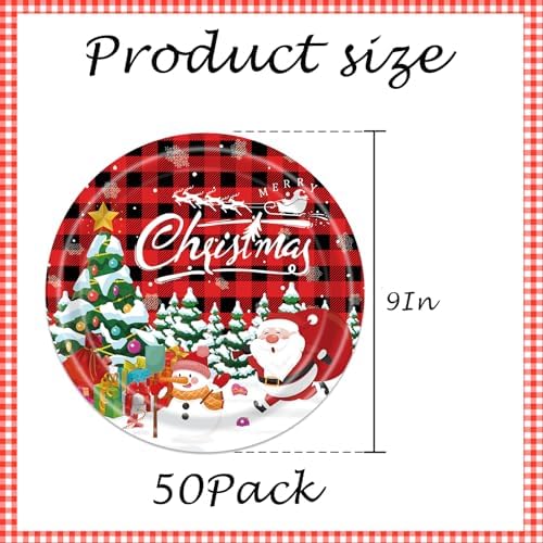 50 Count Red Christmas Paper Plates 9 Inch Xmas Dinner Plates Disposable Round Holiday Appetizer Plaid Plates for Santa Cake Snack Cocktail Birthday Merry Christmas Party Supplies Tableware