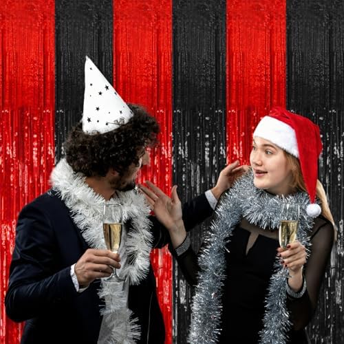 2 Pack Black and Red Party Backdrop Streamers Decorations Foil Fringe Curtains Metallic Tinsel Backdrop for Birthday Halloween Christmas New Year Fancy Ball Graduation Party Decor