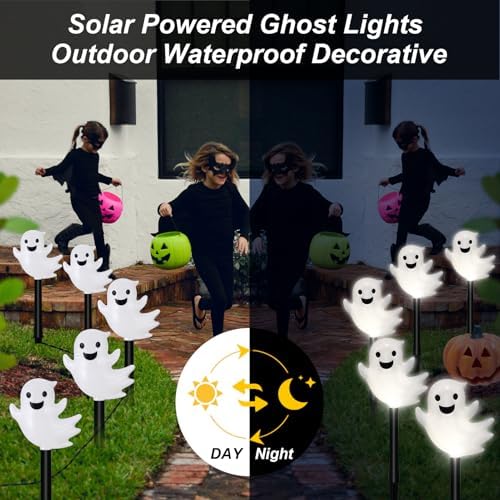 BRIGHTDECK Halloween Solar Pathway Lights Outdoor, LED Decor, Light Up Solar Stake Lights for Holiday, Halloween, Walkway, Sidewalk (Cold White Floating Ghost, 10-Pack)