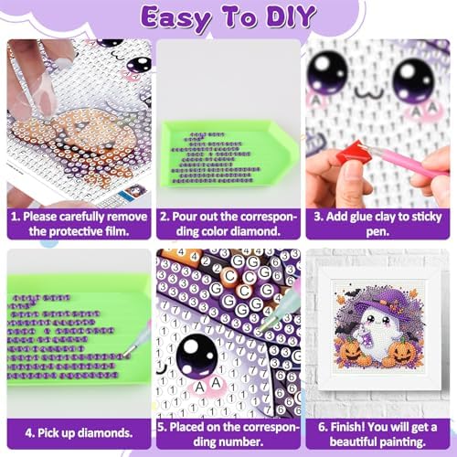 Halloween Ghost Diamond Art Painting Kits for Kids with Frame, Diamond Painting Kits for Kids Ages 4-8-12, Easy Gem Arts and Crafts Gift for Girls Boys Adult Beginners Home Wall Decor(7x7inch)