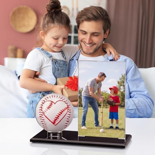 Colingmill Red Heart Baseball Dad Gifts Picture Frame and Baseball Display Case Set Ball and Card Holder for Dad Husband Boyfriend Home Office Table Decoration