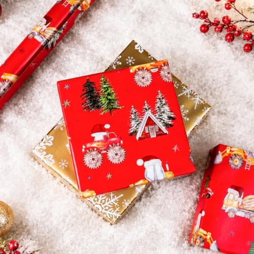 Yarcony Kids Christmas Wrapping Paper, Red Construction Christmas Gift Wrap