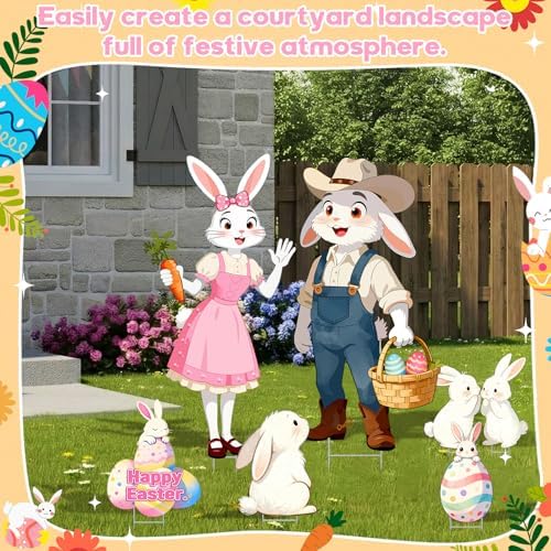 9 Pcs Large Easter Decorations Outdoor Yard Signs with Stakes 40x14 Inch Bunny and Egg Lawn Signs Happy Easter Welcome Yard Stakes for Garden Spring Hunt Games Party Supplies Props(Spring)