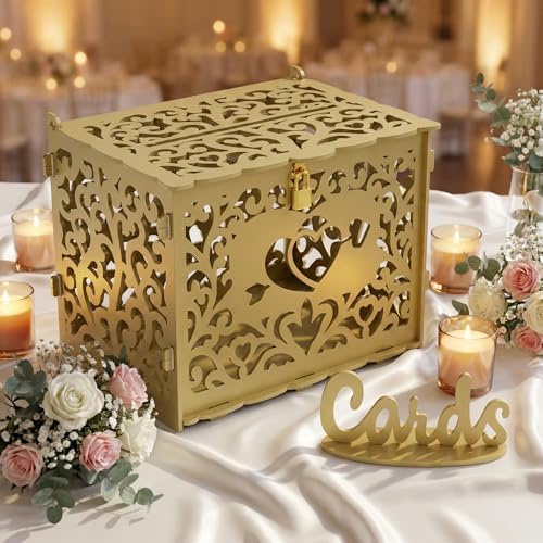 Jolik Wedding Card Box With Sign, Large DIY Locking Money Box Holder for Wedding Reception, Gift Card & Envelope Storage, Anniversary & Birthday Party Decoration, Bridal Party Box (Gold)
