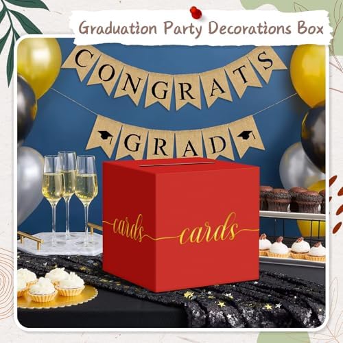QIKSION Elegant Red Graduation Card Box, Gold Foil Gift Card Box for Party