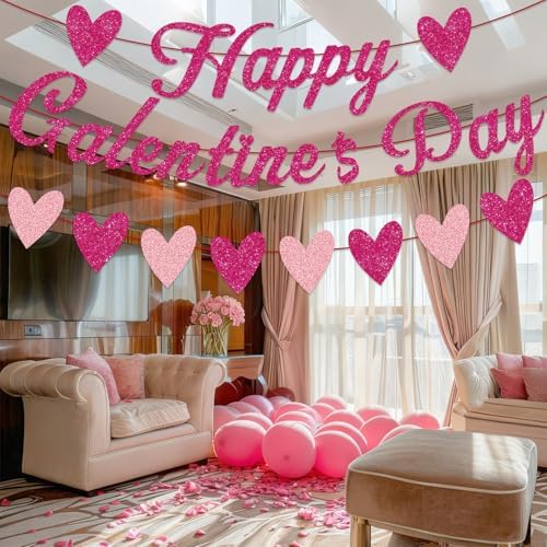Galentine's Day Decorations Kit - Happy Galentine's Day Banner & Heart Glitter Banners Set, Pre-Strung No DIY, Romantic Decor for Girls Night Party, Valentine's Day, Friendship Celebration