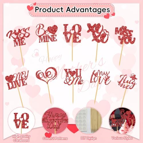 24Pcs Valentine's Day Cupcake Toppers, Glitter Word Heart Cake Decorations