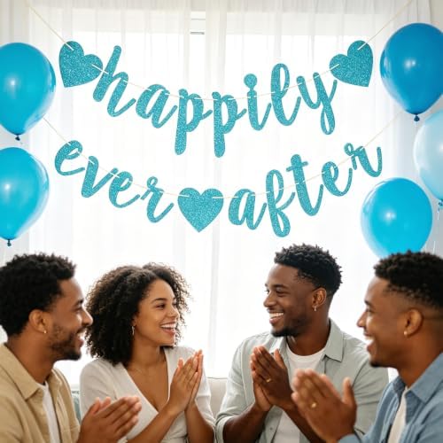 Happily Ever After Glitter Bunting Banner, Engagement, Bridal Shower, Wedding Party Photo Booth Props Signs,Pre-Strung Cursive Bunting (Blue)