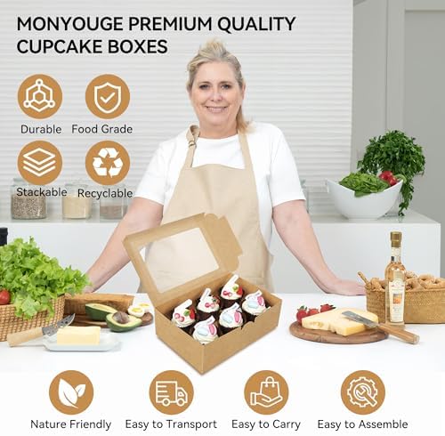 10-Set Cupcake Boxes Bulk with Clear Display Window Hold 6 Standard Cupcakes, Disposable Food Grade Brown Cupcake Carrier Cupcake Container, Perfect for Cupcakes Muffins Cookies Pastries