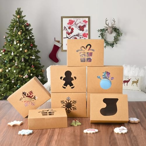 KPOSIYA 36 Pack Christmas Cookie Boxes for Gift Giving, 9x6x3 Inch Brown Bakery Boxes with Window, Large Holiday Cookie Tins with Lids, Small Xmas Treat Boxes for Pastry Dessert Cupcakes Packaging