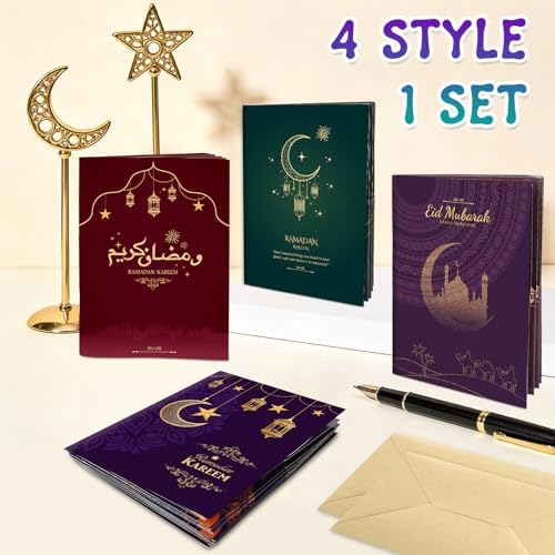 4 Sets Eid Gift Card Book, Eid Mubarak Money Holder Cards with Envelopes, Islamic Holiday Ramadan Kareem Gift Card Booklet Organizer for Family, Friends