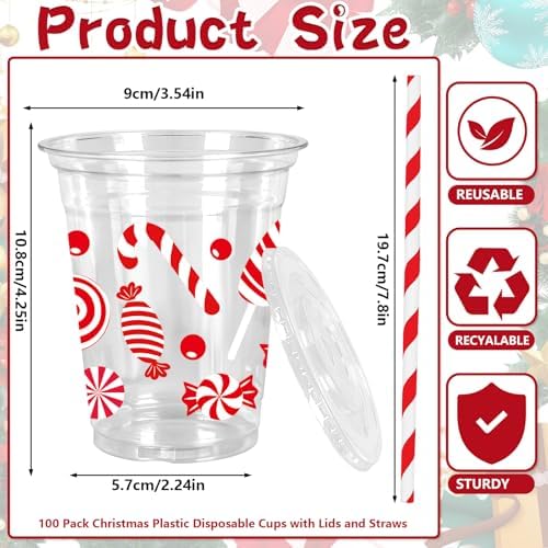 Whaline 100 Pcs 12 Oz Christmas Disposable Cup with Lid Straw Plastic Party Cup Red Green Peppermint Candy Cane Clear Glasses for Coffee Juice Cold Beverage Drink Xmas Holiday Party Supplies