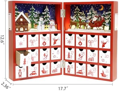 Christmas Wooden Advent Calendar Book with LED lighting Red Color Christmas Snowman & Santa Countdown Holiday Gifts with 24 Drawers Adults Kids Home Decoration