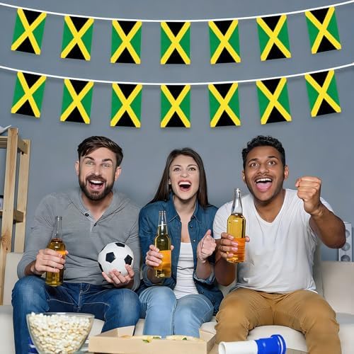 AhfuLife 33 Ft Jamaica String Flags Banner for World Cup Decorations 2026, 30 Pcs Small Jamaican Buting String Flags, Double Sided for Independence Day Garden Street Sports Party Decor (5.5×8.3 Inch)