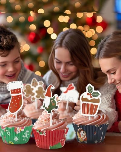Bake Choice 400 Pcs Christmas Cupcake Liners with 12 Pcs Cupcake Toppers, Mini Cupcake Liners, Mini Muffin Liners for Xmas Party, Baby Shower, Christmas Holiday, Birthday Party