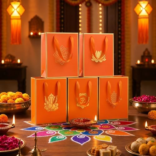 Sabary 15 Pcs Ganesh Pooja Indian Return Gift Paper Bag, Yellow