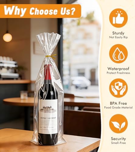 Yuiicaov Cellophane Bags for Wine Bottles, 6x18 Inches 70Pcs Clear Wine Gift Cello Bags With Twist Ties, Clear Treat Bags Packaging for Wine Champagne (Flat, No Gusset)