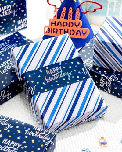 MAYPLUSS Birthday Wrapping Paper Roll, Blue Metallic Holographic Happy Birthday Wrapping Paper Featuring Revesible Stripe Gift Wrap Paper for Boys Kids Girls Men, 17 Inches x 33 Feet