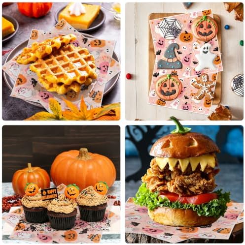 LOAVER 150 Pack Halloween Wax Paper Sheets for Food, Pink Ghost Pumpkin Greaseproof Wrapping Deli Parchment Baking Paper for Sandwich Cookies Picnic Oilproof Basket Liners Halloween Kicthen Supplies