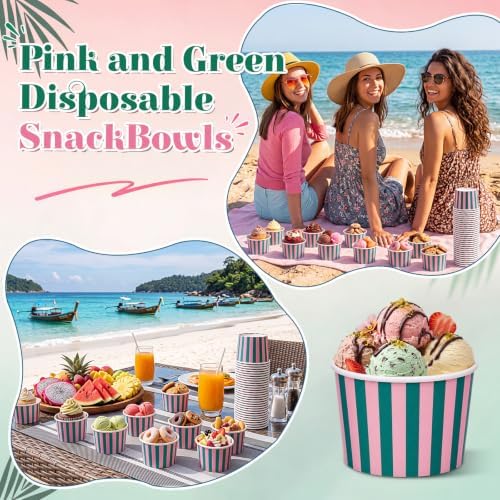 Maxdot 50 Pcs Palm Beach Stripes Paper Treat Snack Bowls Summer Ice Cream Cups Sundae Bar Supplies for Hawaii Luau Party Supplies, Yogurt Cupcakes